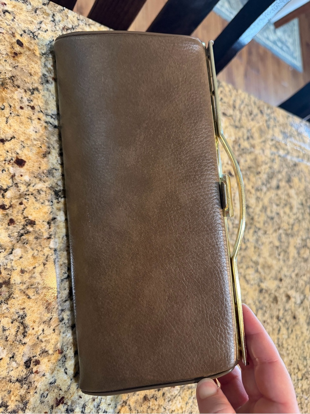 Vintage 60s Brown Leather Clutch Wallet with Gold Frame